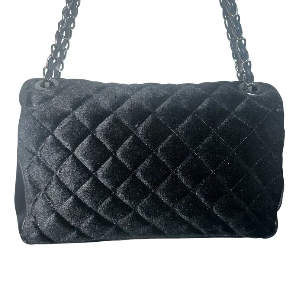 Italian Quilted Velvet and Leather Shoulder Bag Chain Strap Black Luxury
